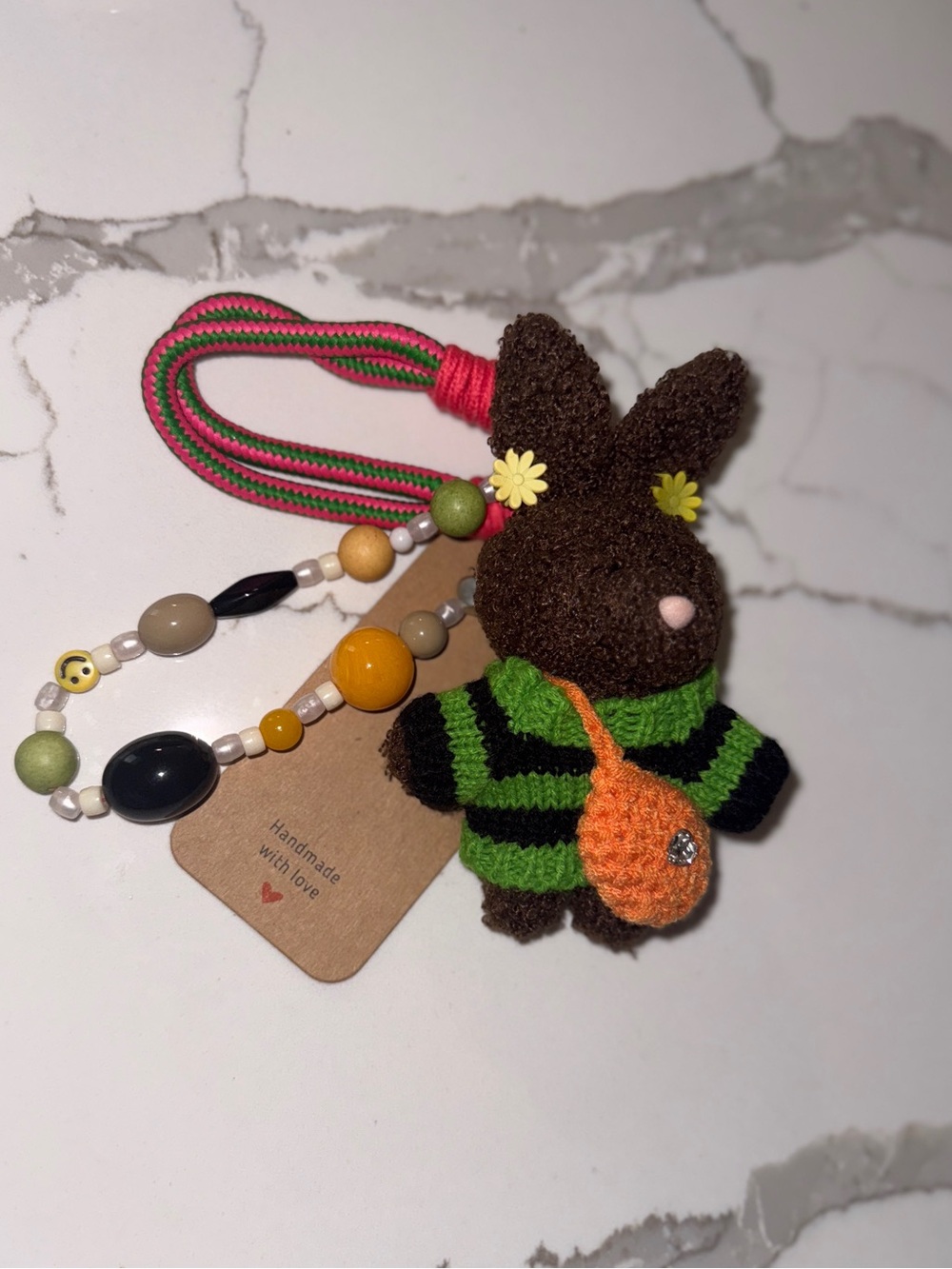 Handmade Plush Bunny Keychain with Beaded Strap - Brown, Green, Orange